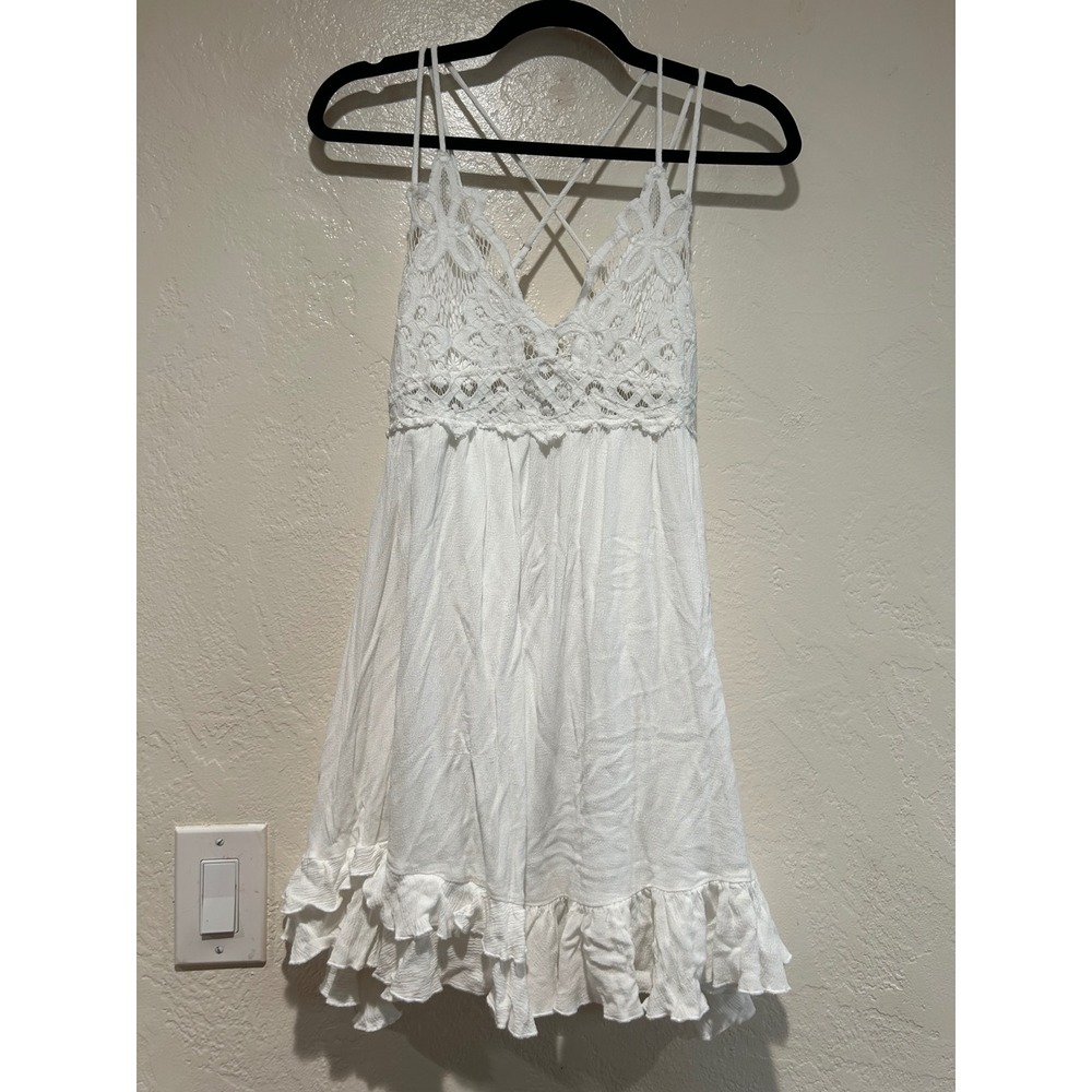 La Miel White‎ Crochet Lace Boho Mini Dress Strappy Back Ruffle Hem Womens Large